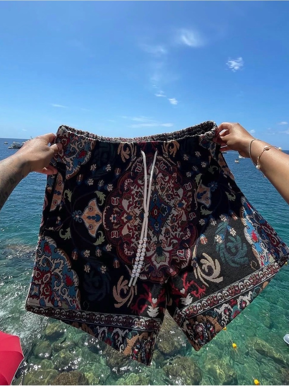 Paisley Patterned Drawstring Shorts - Black Multi